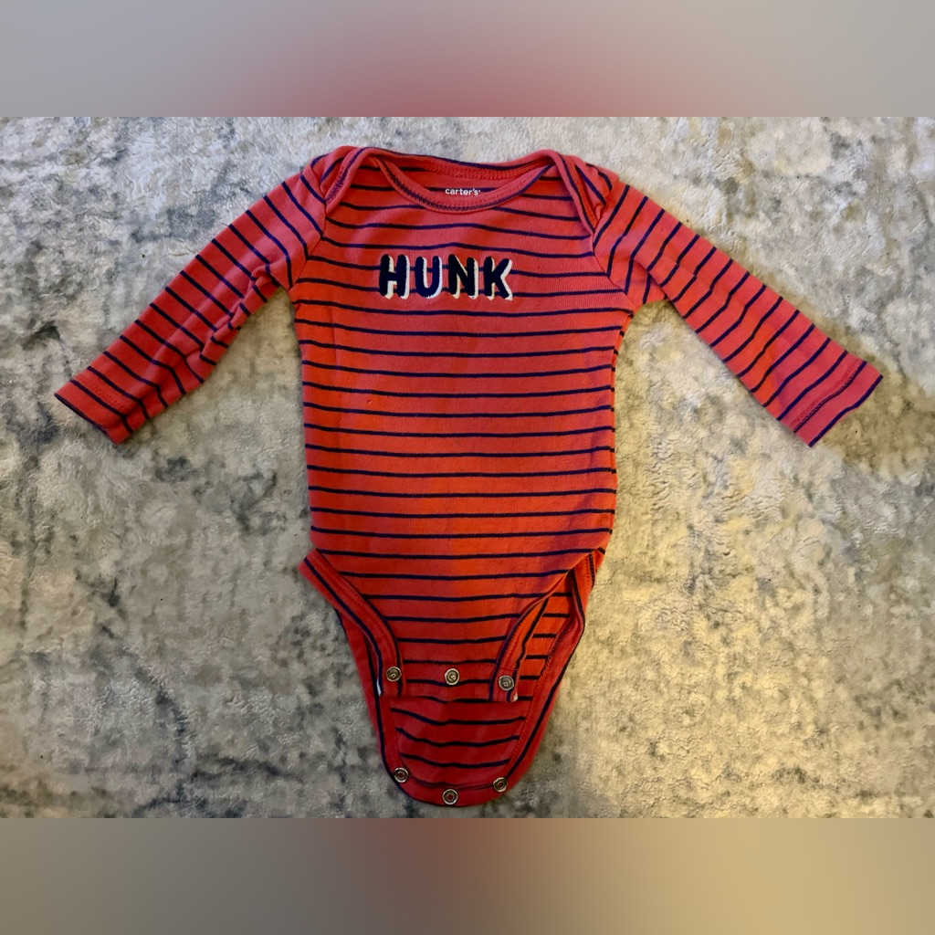 Boys Carter’s Orange With Dark Blue Stripes “Hunk” Long Sleeve Onesie - 3 Months